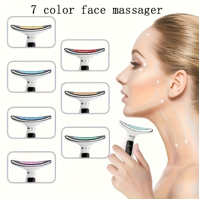 Woman using a 7-color face massager with color options displayed.