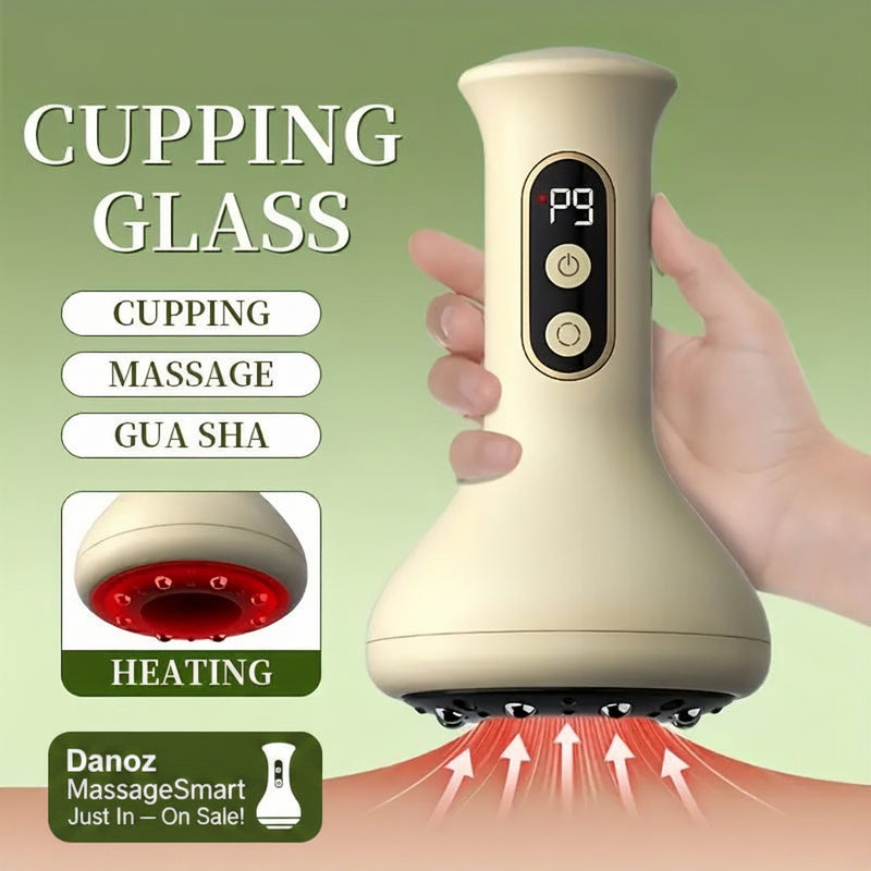 Cupping glass device with hand holding it, on a green background