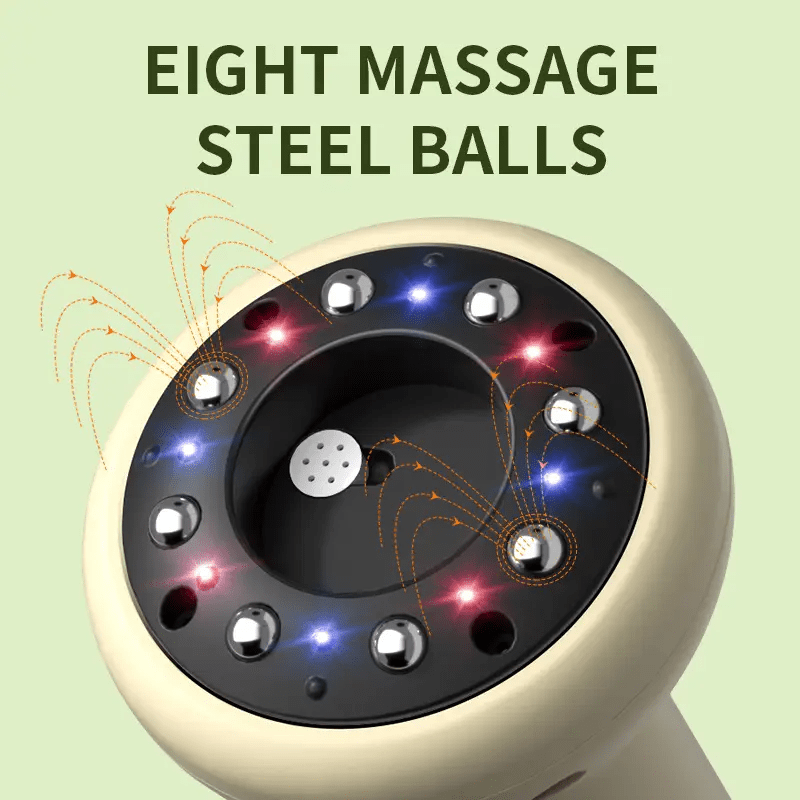 Massage device with eight massage steel balls on a light green background