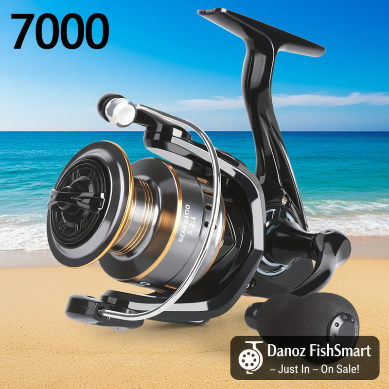 Fishing reel with '7000' label on a white background