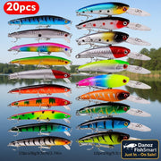 20 colorful fishing lures on a white background