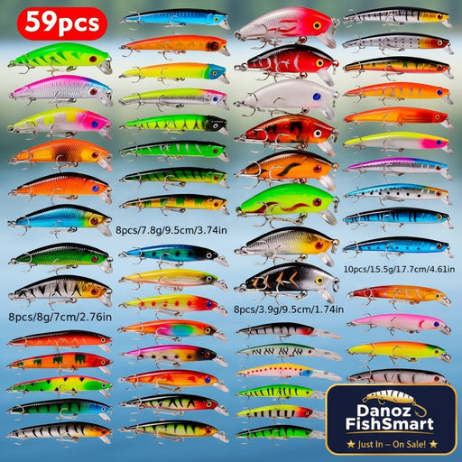 Collection of various colorful fishing lures with labels indicating their specifications.