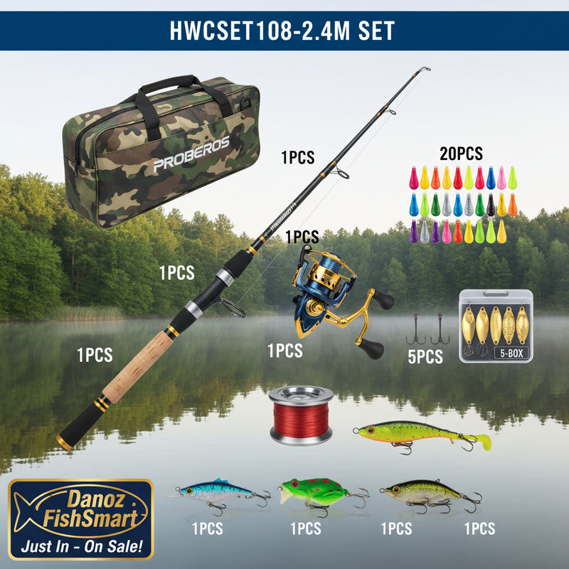 Fishing rod and reel set with accessories on a white background