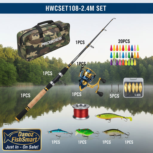 Fishing rod and reel set with accessories on a white background