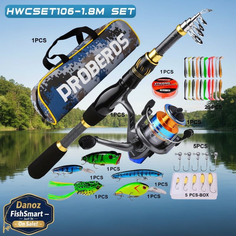 Fishing rod and reel set with accessories on a white background, featuring 'PROBEROS' branding.