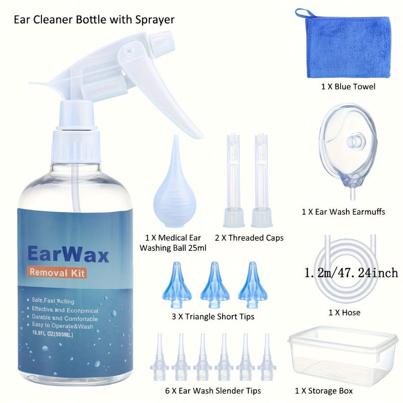 Ear cleaning kit with bottle, sprayer, and various components on a white background