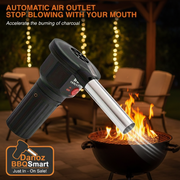 Black handheld device with flames coming out, used for accelerating charcoal burning.