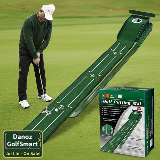 Golf putting mat with a person practicing golf and the product packaging.