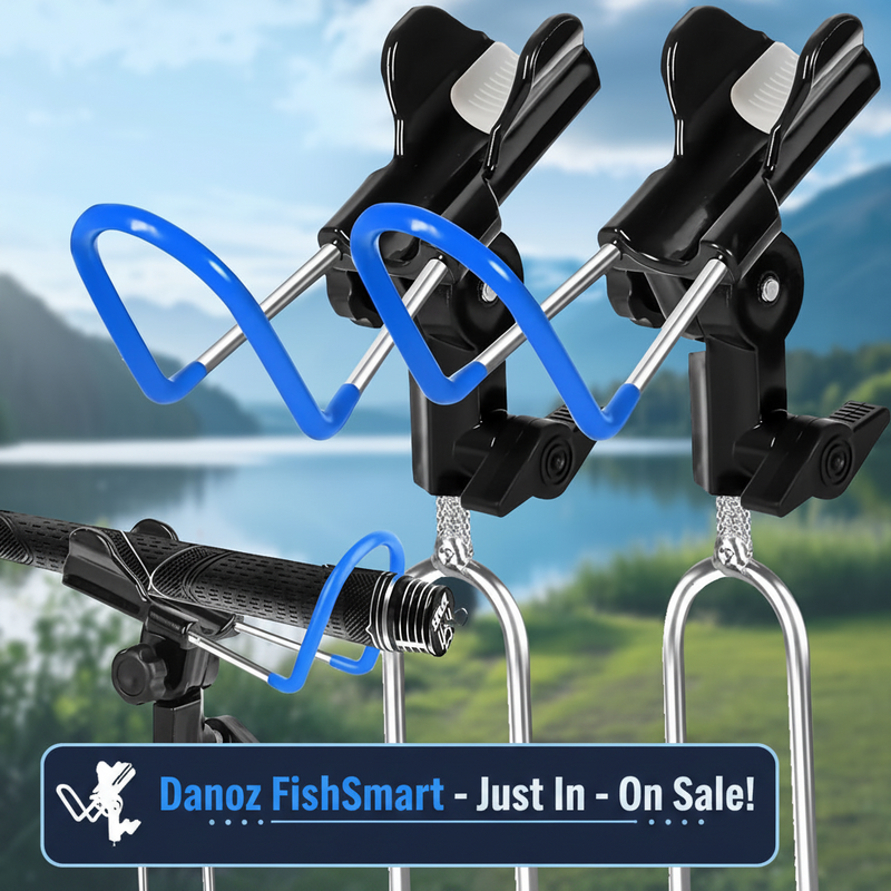 Metal clamps with blue accents on a blurred natural background