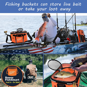 Fishing scene with an orange cooler bag, people fishing, and a fish being held.