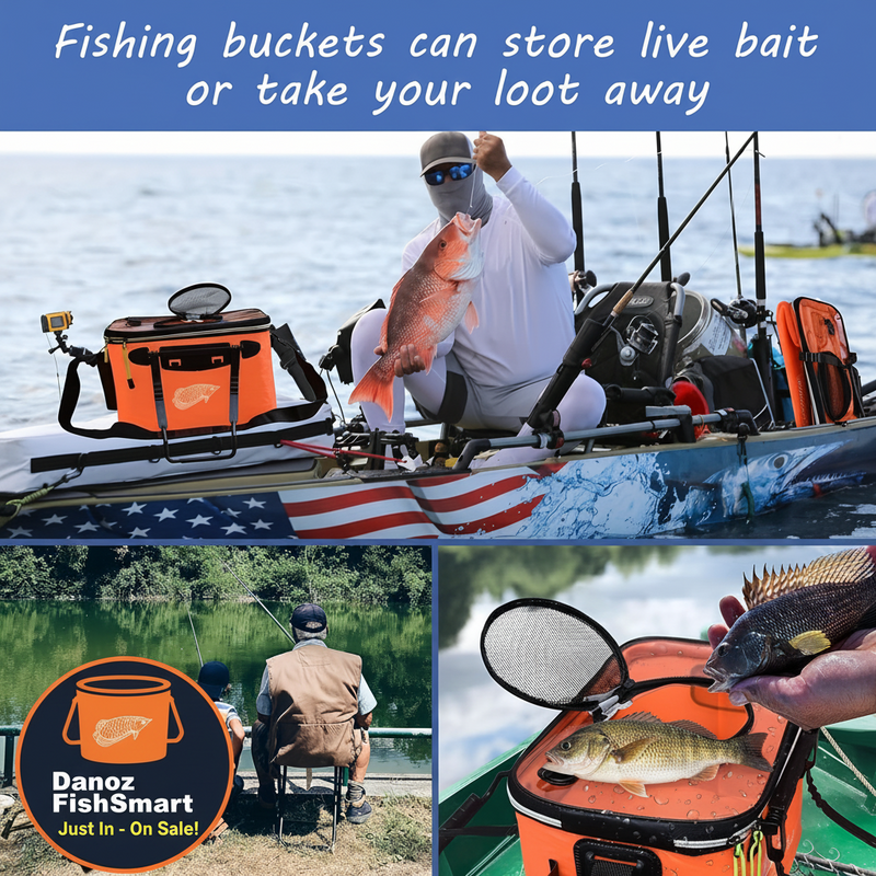 Fishing scene with an orange cooler bag, people fishing, and a fish being held.