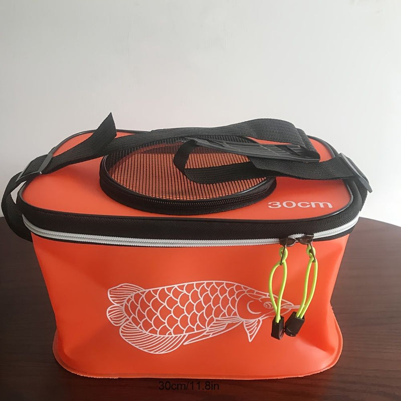 Orange fishing bag with a fish design on a wooden surface