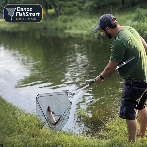 Man fishing by a pond with a fish in a net