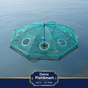Fishing net with images of fish and crabs around it on a white background