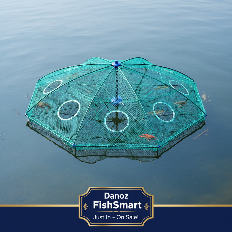 Fishing net with images of fish and crabs around it on a white background