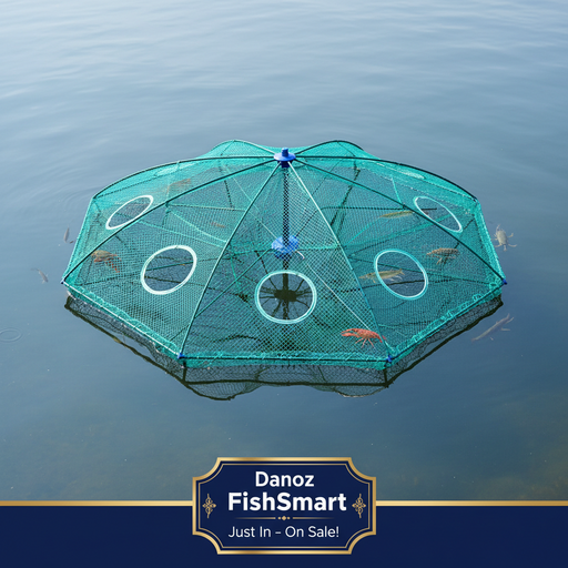 Fishing net with images of fish and crabs around it on a white background