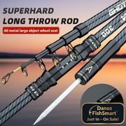 Fishing rod with detailed view of handle and text on a white background
