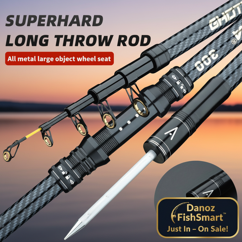 Fishing rod with detailed view of handle and text on a white background