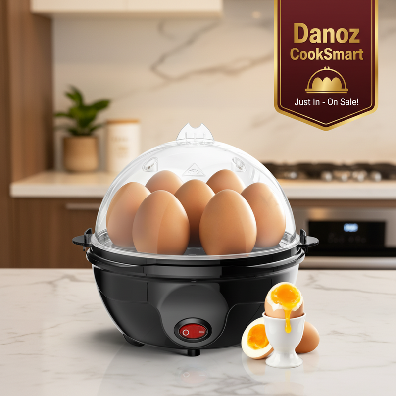 Egg cooker with eggs inside and a cracked egg on a white background