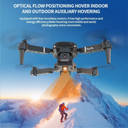 Drone hovering above a mountain with promotional text about its capabilities.