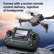 Drone and remote control with screen on a scenic background