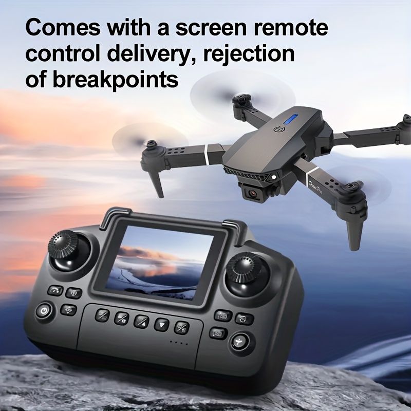 Drone and remote control with screen on a scenic background