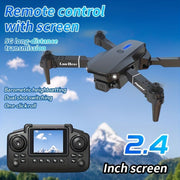 Black quadcopter drone with a screen on remote control, shown against a blue sky and mountain background with text highlighting features like 5G long-distance transmission, parametric height setting, dual shot switching, one-click roll, 2.4 inch screen, and Link Best branding.