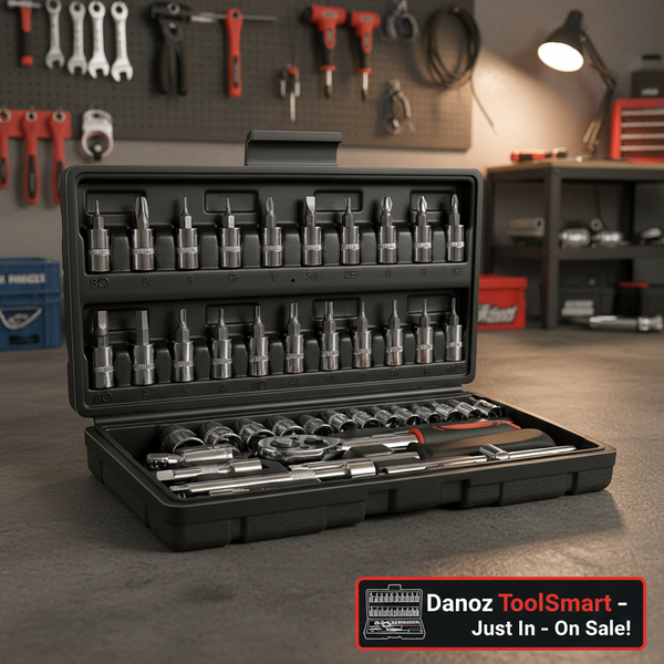 Set of tools including a wrench and various bits in a black case on a white background