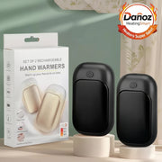 Black intelligent hand warmers with packaging on a neutral background