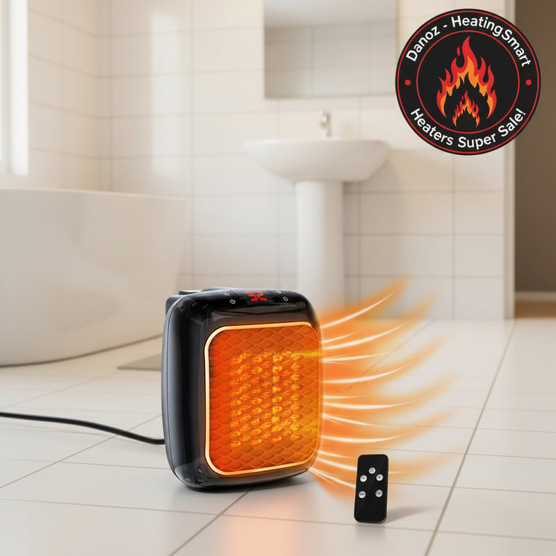 Heater with digital temperature display and remote control on a white background