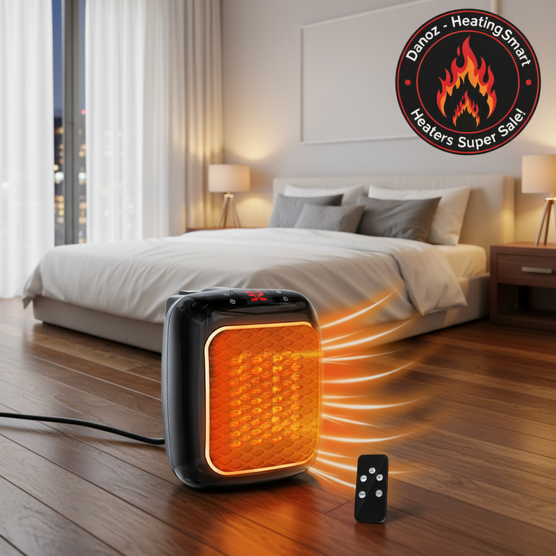 Portable heater on a wooden floor with a bedroom in the background, featuring the Danoz logo.