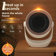 White electric heater on a wooden surface with text highlighting its features.
