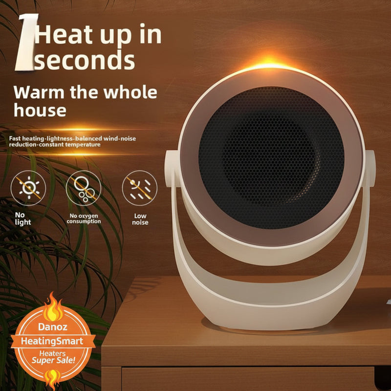 White electric heater on a wooden surface with text highlighting its features.