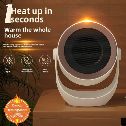 White electric heater on a wooden surface with text highlighting its features.