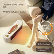 Portable heating device with text 'Double drive heating, Warm Whole House' on a light background.