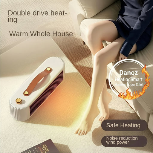 Portable heating device with text 'Double drive heating, Warm Whole House' on a light background.