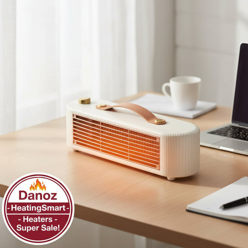 Vintage-style portable heater with a handle on a white background