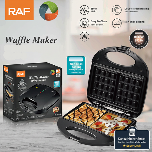 RAF waffle maker with open lid showing waffles, packaging, and feature icons on a light background