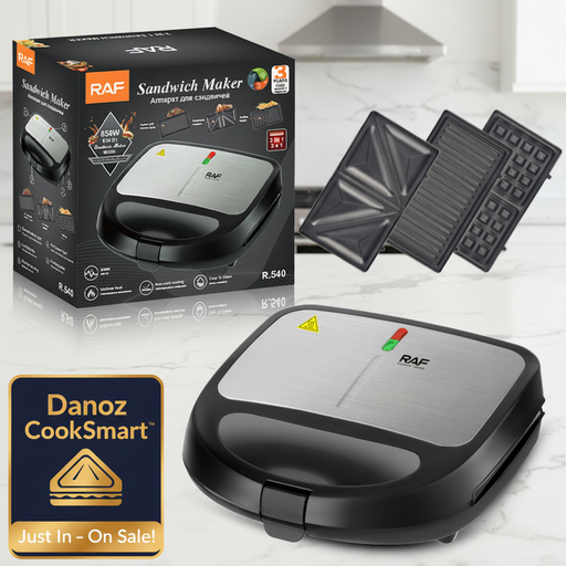 RAF Sandwich Maker grill set shown with the retail box, two black grill plates, and the open black-and-silver grill on a clean white background.