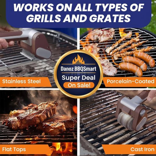 A 2x2 promotional collage showing a cylindrical grill roller tool being used on different grill types. Large text at the top reads 'WORKS ON ALL TYPES OF GRILLS AND GRATES.