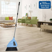 A cordless floor sweeper with a light blue body and black bristles is shown in front of a modern living room background, with text below reading 'Cordless Sweeper' and descriptive copy.