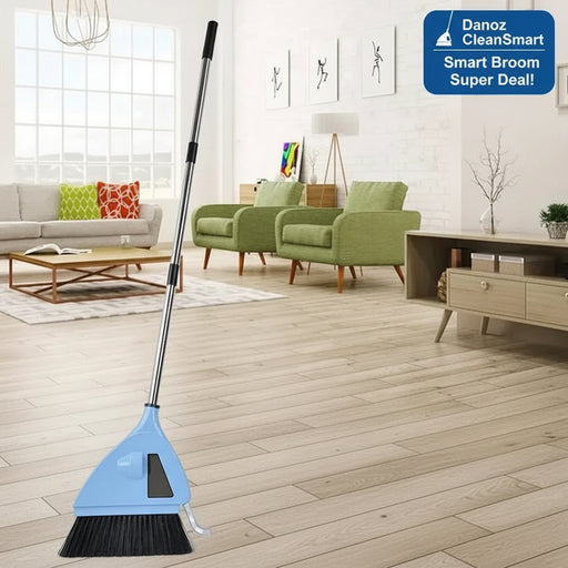 A cordless floor sweeper with a light blue body and black bristles is shown in front of a modern living room background, with text below reading 'Cordless Sweeper' and descriptive copy.