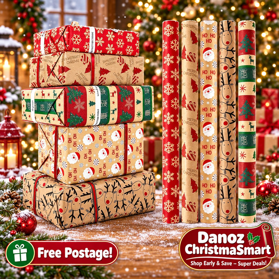 Stack of wrapped presents and rolls of Christmas-themed wrapping paper.