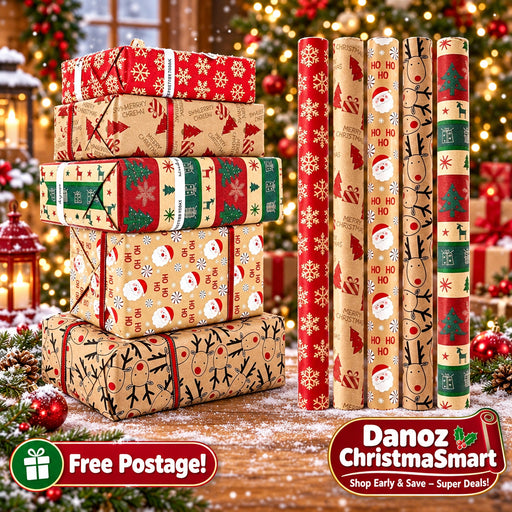 Stack of wrapped presents and rolls of Christmas-themed wrapping paper.