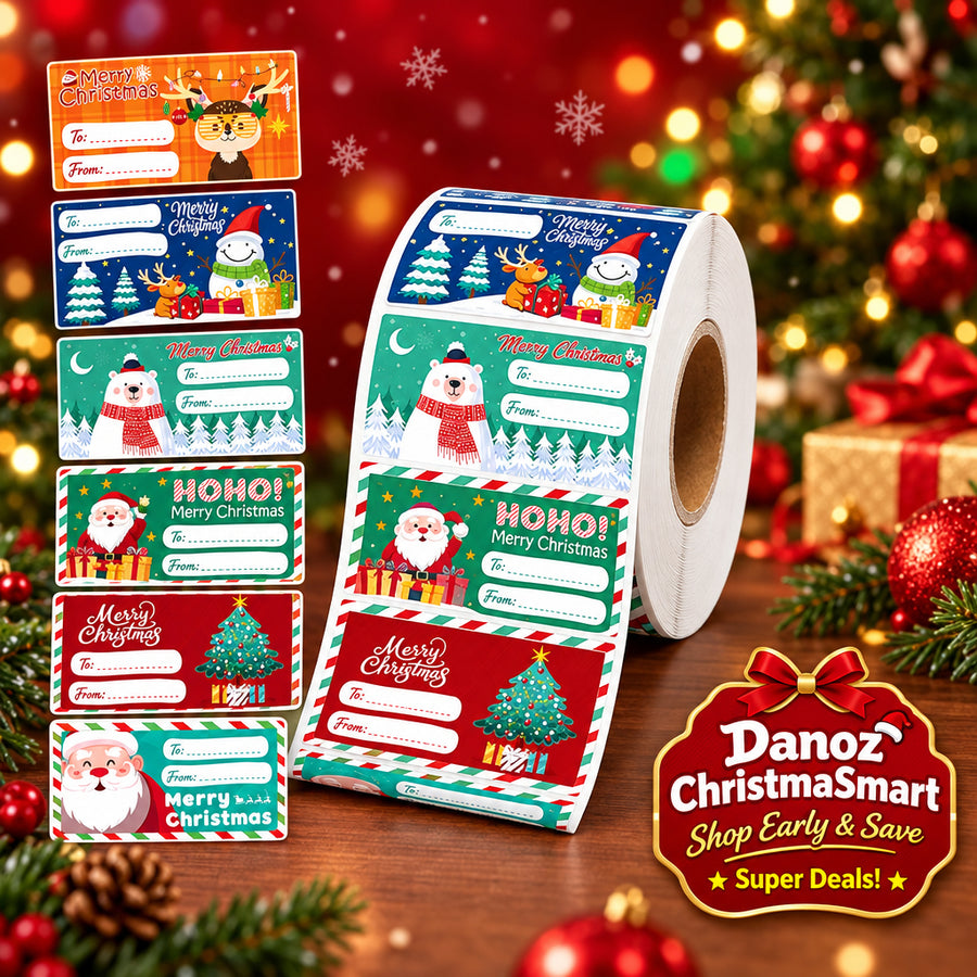 Roll of Christmas-themed labels with various designs on a white background