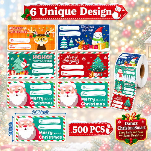 Collection of Christmas-themed gift tags with various designs and a roll of labels.