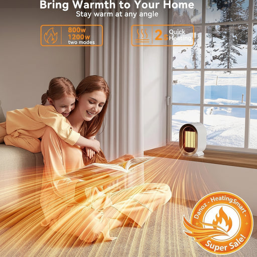 Woman and child reading together with a heater with warm heat source on a windowsill, promoting warmth and comfort.
