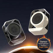 Two small heaters with a glowing base on a dark background, featuring text about quick warming and safety.