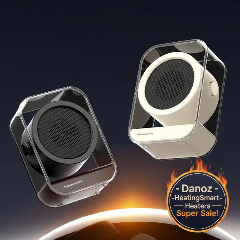 Two small heaters with a glowing base on a dark background, featuring text about quick warming and safety.