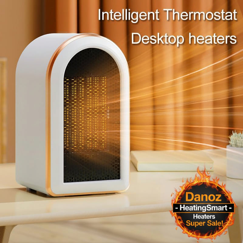 Intelligent thermostat desktop heater on a wooden surface with warm glow